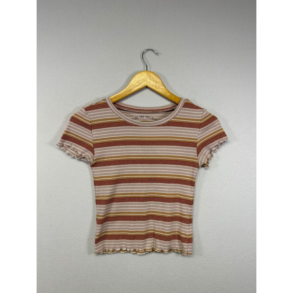 Y2K Retro Aeropostale Womens Sm Brown Striped Ribbed‎ Lettuce Trim Shrunken Tee